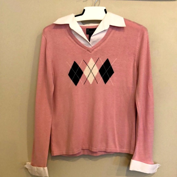 NY Collection pink argyle sweater with white collar and cuffs - Picture 2 of 3
